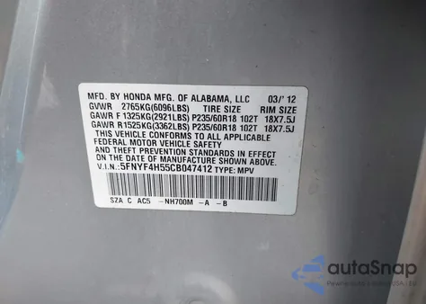 2012 Honda Pilot Ex-L z USA, uszkodzony, nr VIN 5FNYF4H55CB047412